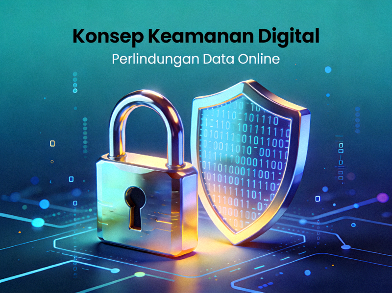 Konsep keamanan digital dengan ilustrasi gembok dan perisai melambangkan perlindungan data online
