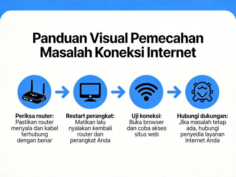 Panduan visual pemecahan masalah koneksi internet dengan diagram alur dan ikon teknis